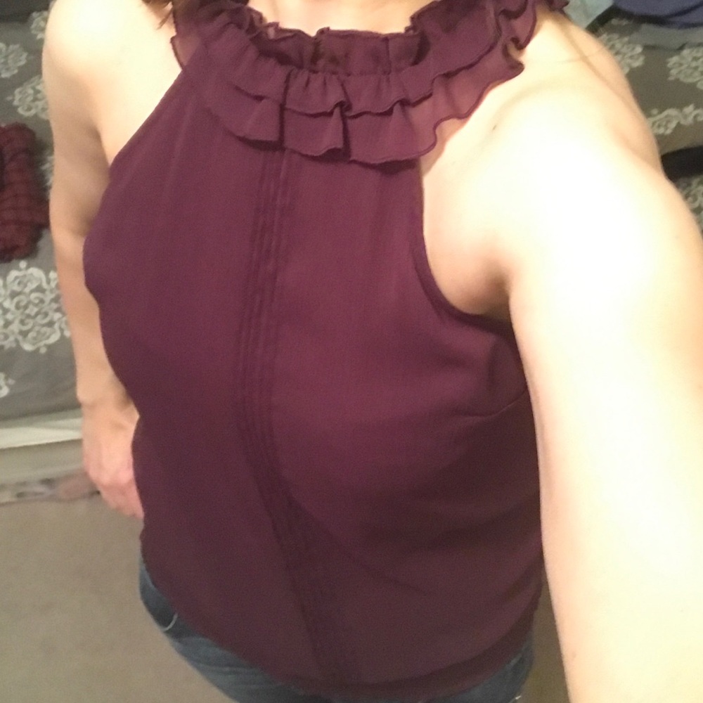 Cute, ruffle neck, open back top, deep purple.